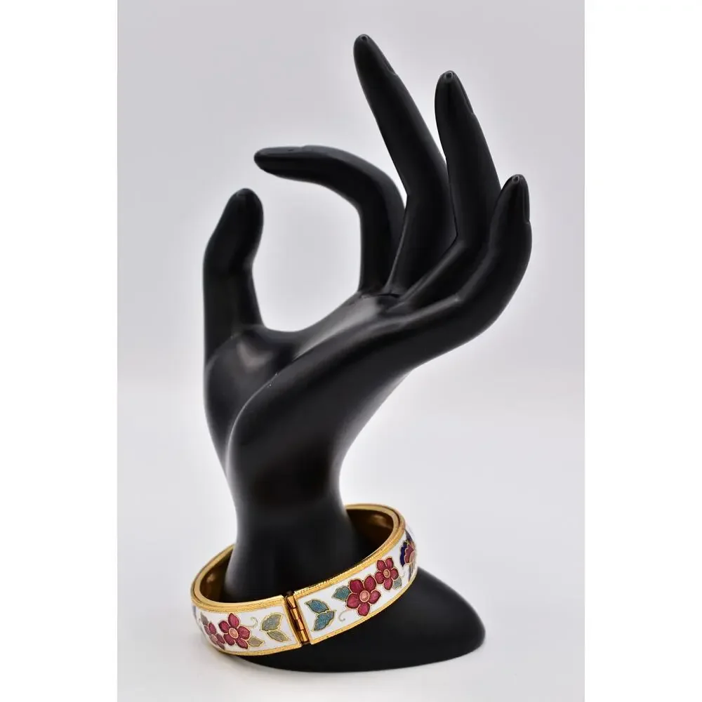 Vintage Cloisonne Enamel Floral Butterfly Gold Tone Hinged Bangle Bracelet BinBR